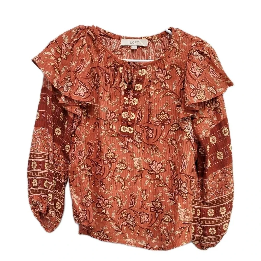 LOFT Women's‎ LS Floral Rust/Burnt orange tie neck top shirt Small Petite Ruffle